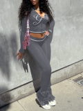 LW BASICS Casual Milk Fiber Hooded Collar Letter Long Sleeve Two-piece Pants Set